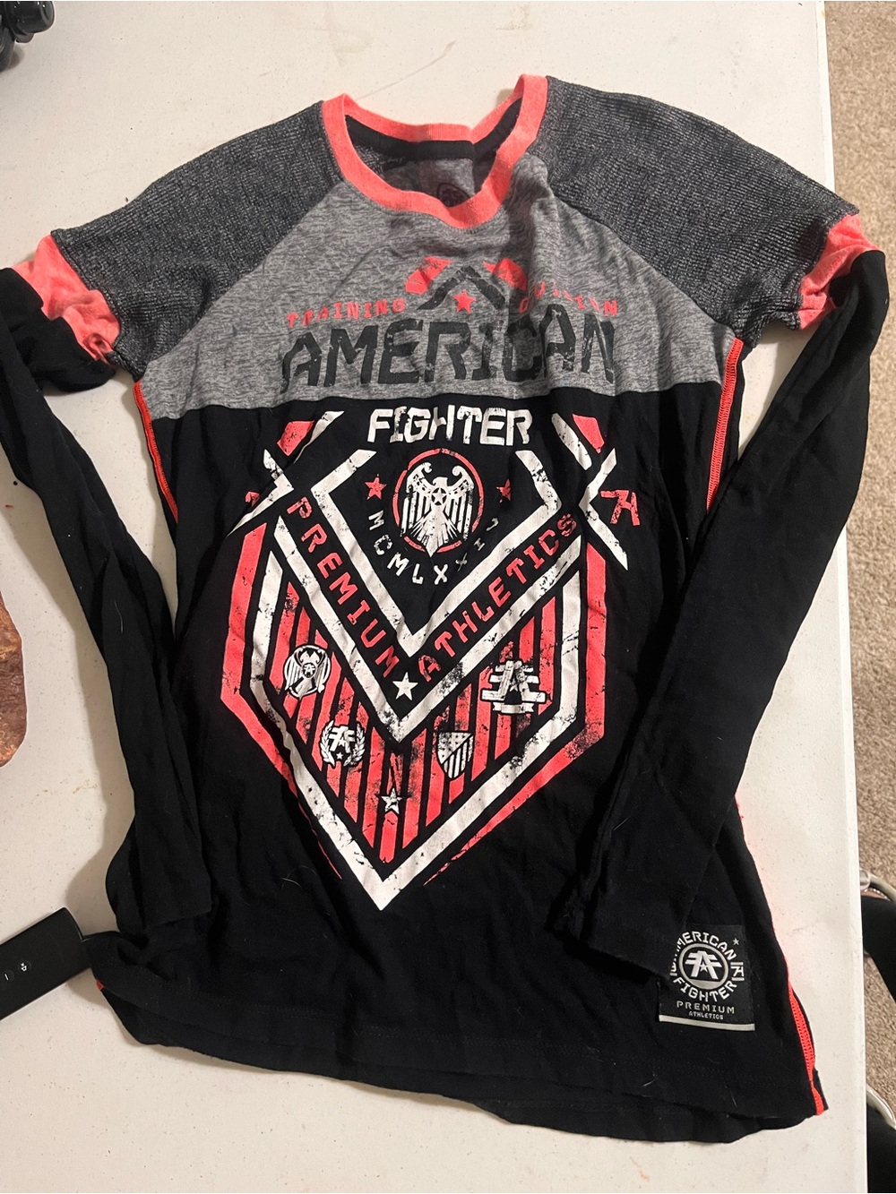 American Fighter Long Sleeve Graphic Tee - Black & Gray with Coral Accents